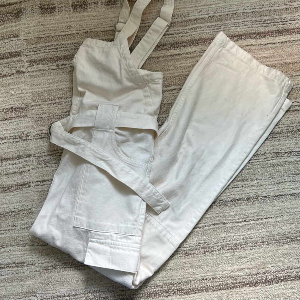 Mango Straight Denim Dungarees in Ivory Small NWT - Picture 9 of 11